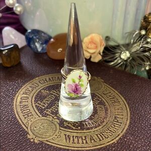 Vintage Hand painted Porcelain Floral Ring with Purple Rose Design adjustable